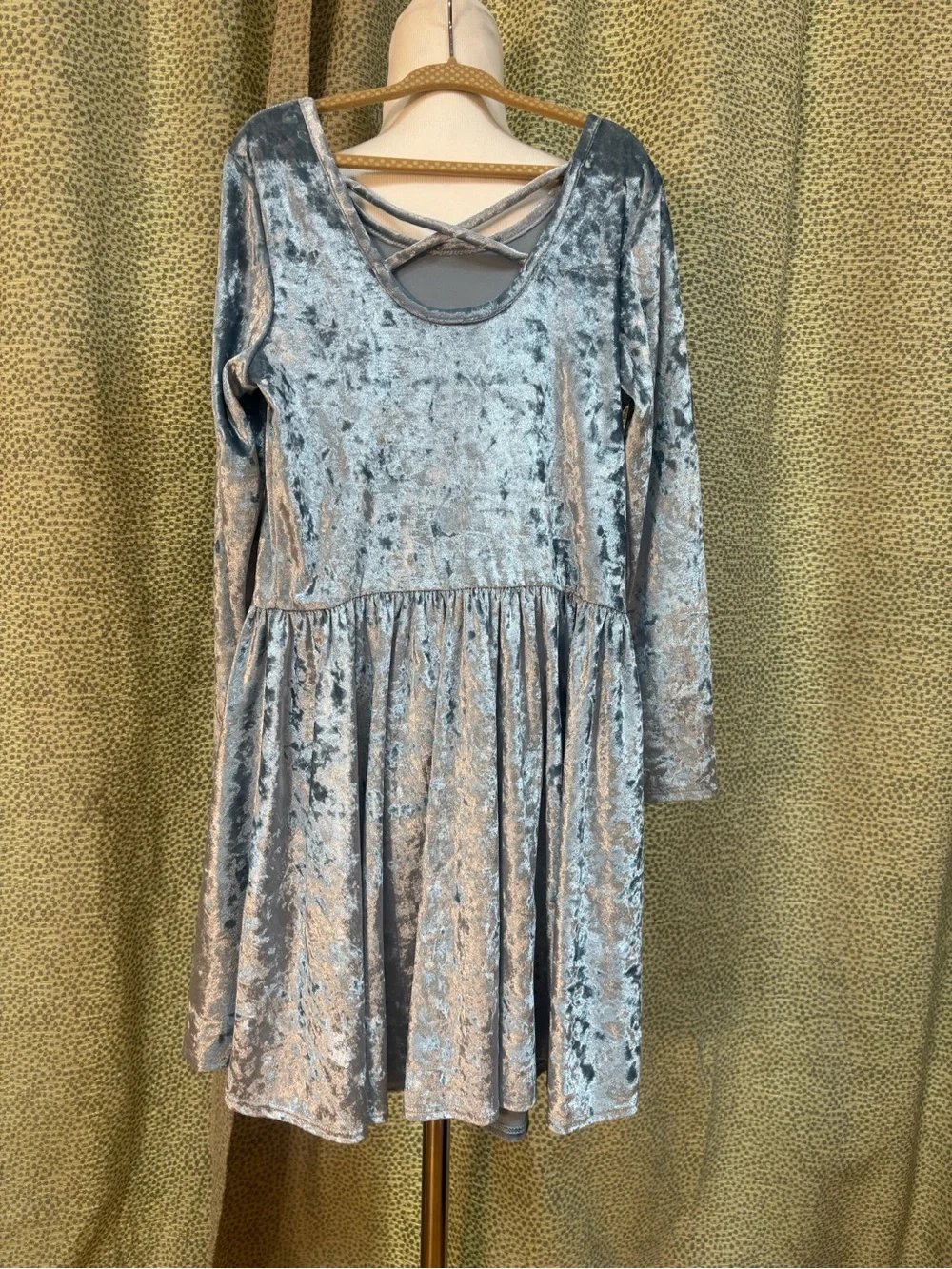 Girls' Silver Velvet Long-Sleeve Skater Dress